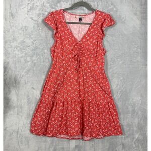 Universal Thread Red Floral Summer Midi Dress M Ruched Pockets Cottagecore Boho